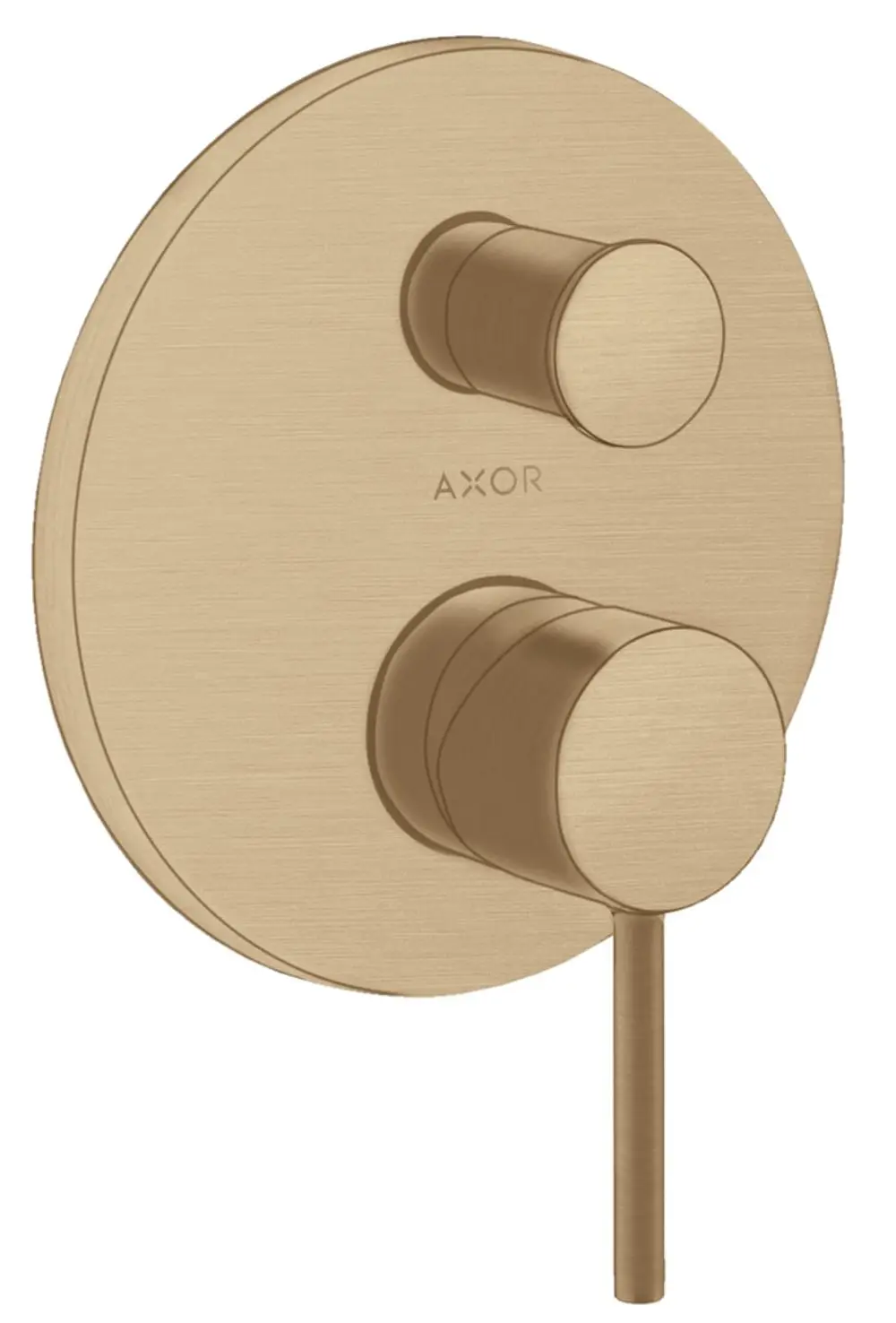 Zwei runde Steuerknöpfe in gebürstetem Bronze-Finish, montiert auf einer runden Wandplatte. Markierung mit dem Logo von AXOR.